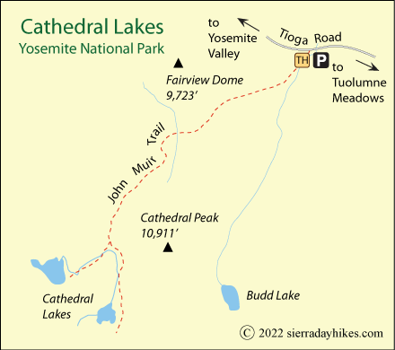 Cathedral Lakes Trail map, Tuolumne Meadows, Yosemite National Park, California