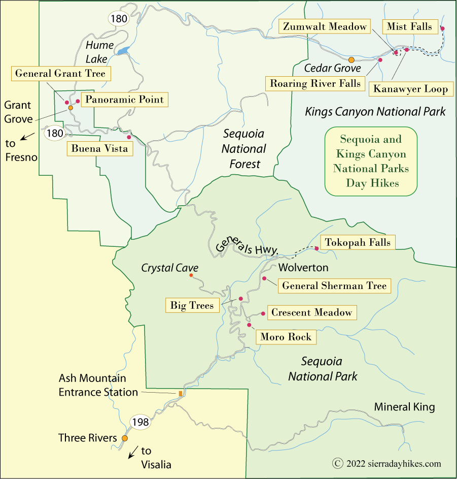 Day Hikes map for Sequoia and Kings Canyon national parks, California