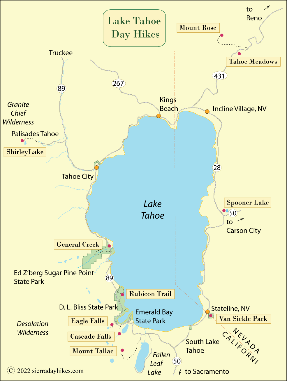 Lake Tahoe day hikes map