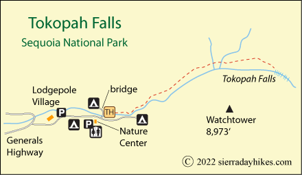 Tokopah Falls trail map, Sequoia National Park, California
